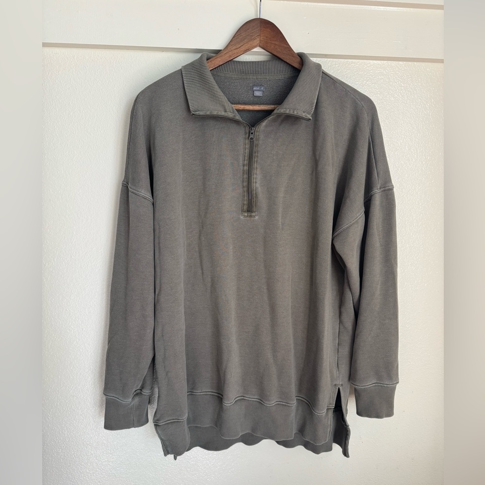 Aerie Sun’s Out Quarter Zip Sweatshirt Olive Green Oversized Pullover L - Picture 3 of 10